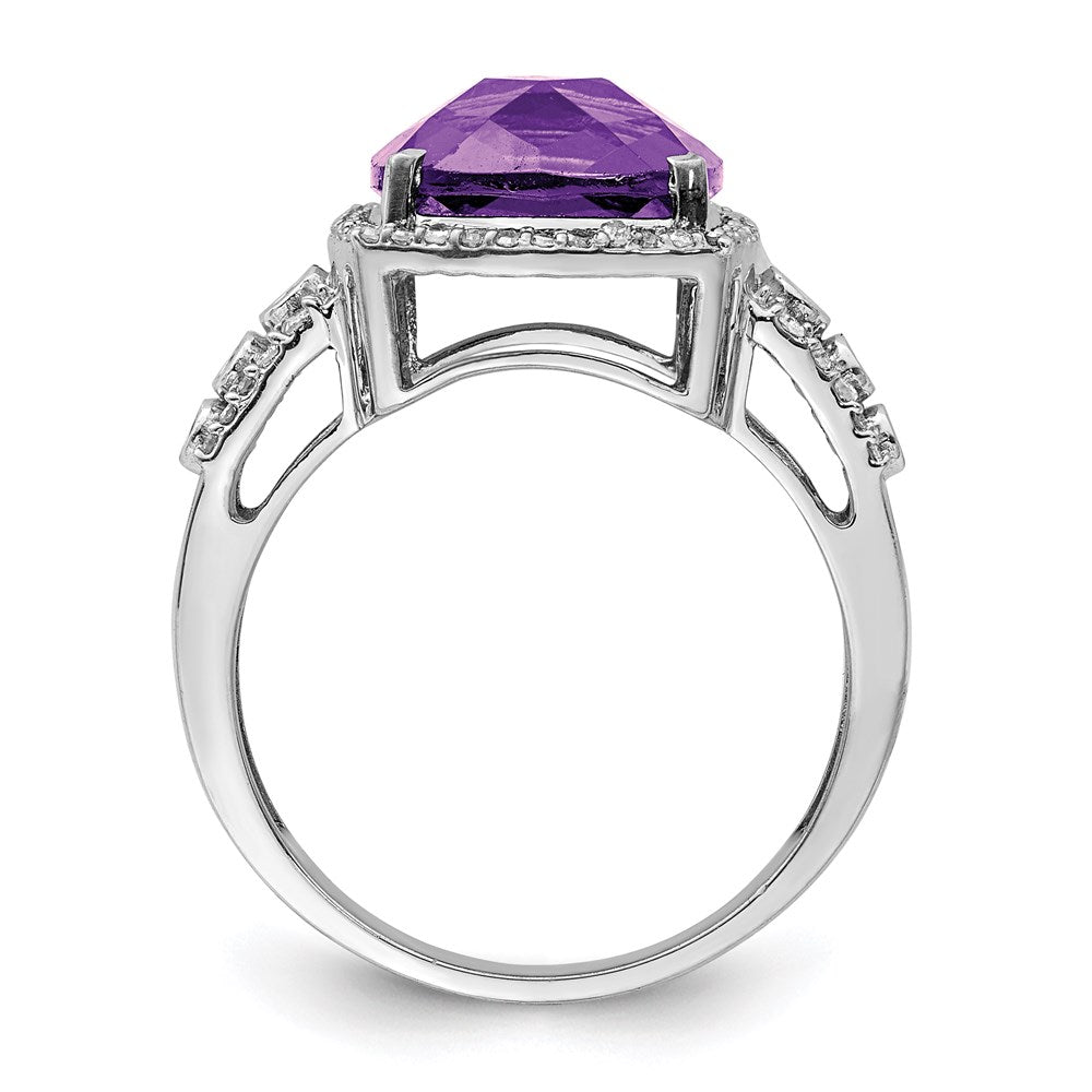 Sterling Silver Rhodium Plated Checker Cut Amethyst & Diamond Ring (Size 7 Only)