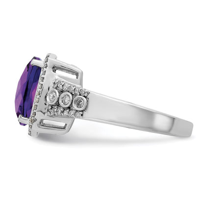 Sterling Silver Rhodium Plated Checker Cut Amethyst & Diamond Ring (Size 7 Only)