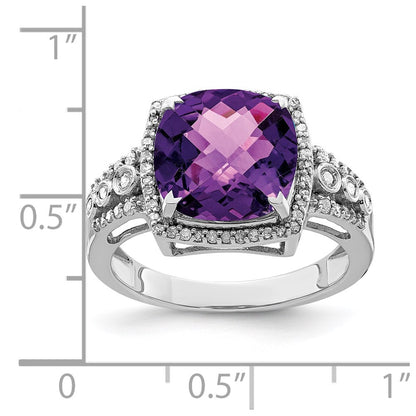 Sterling Silver Rhodium Plated Checker Cut Amethyst & Diamond Ring (Size 7 Only)