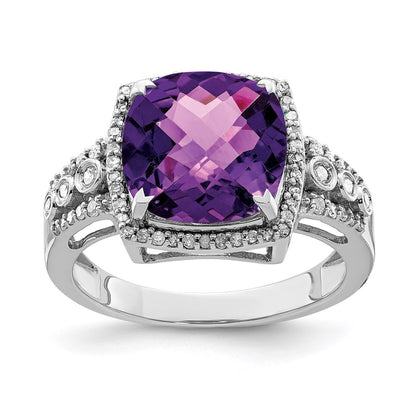 Sterling Silver Rhodium Plated Checker Cut Amethyst & Diamond Ring (Size 7 Only)