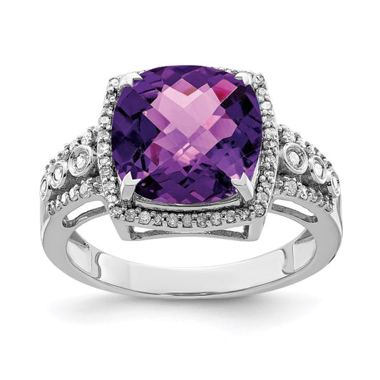 Sterling Silver Rhodium Plated Checker Cut Amethyst & Diamond Ring (Size 7 Only)