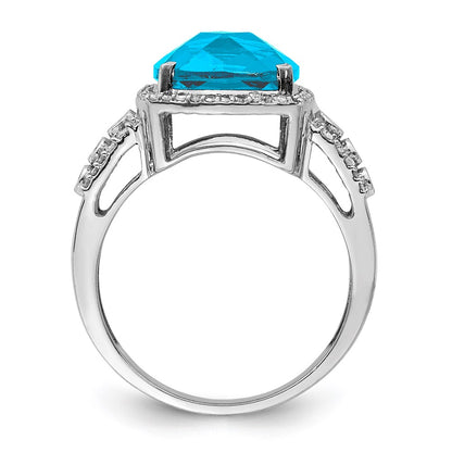 Sterling Silver Rhodium Checker Cut Blue Topaz & Diamond Ring