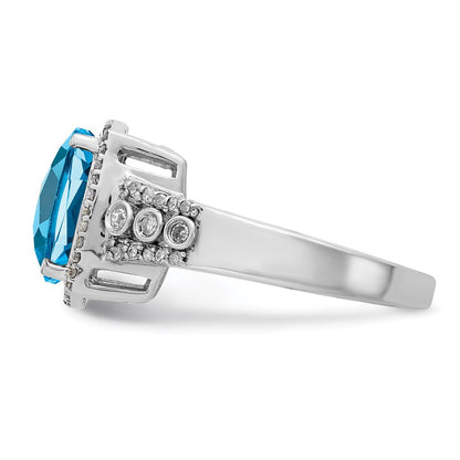 Sterling Silver Rhodium Checker Cut Blue Topaz & Diamond Ring