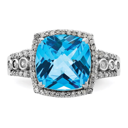 Sterling Silver Rhodium Checker Cut Blue Topaz & Diamond Ring