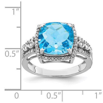 Sterling Silver Rhodium Checker Cut Blue Topaz & Diamond Ring