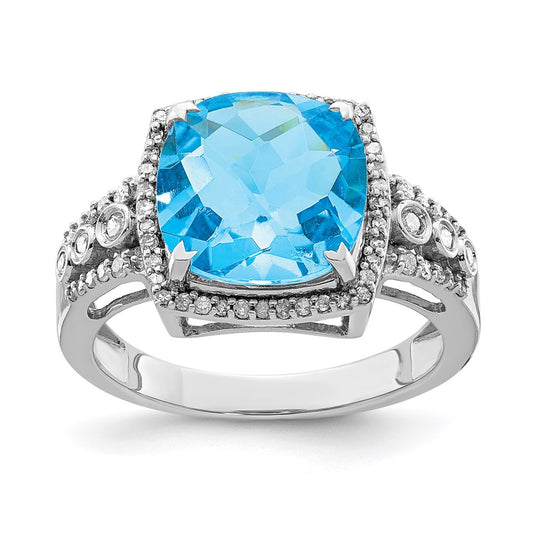 Sterling Silver Rhodium Checker Cut Blue Topaz & Diamond Ring
