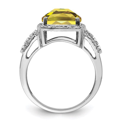 Sterling Silver Rhodium Diamond & Checker Cut Lemon Quartz Ring (Size 7 Only)