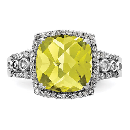 Sterling Silver Rhodium Diamond & Checker Cut Lemon Quartz Ring (Size 7 Only)
