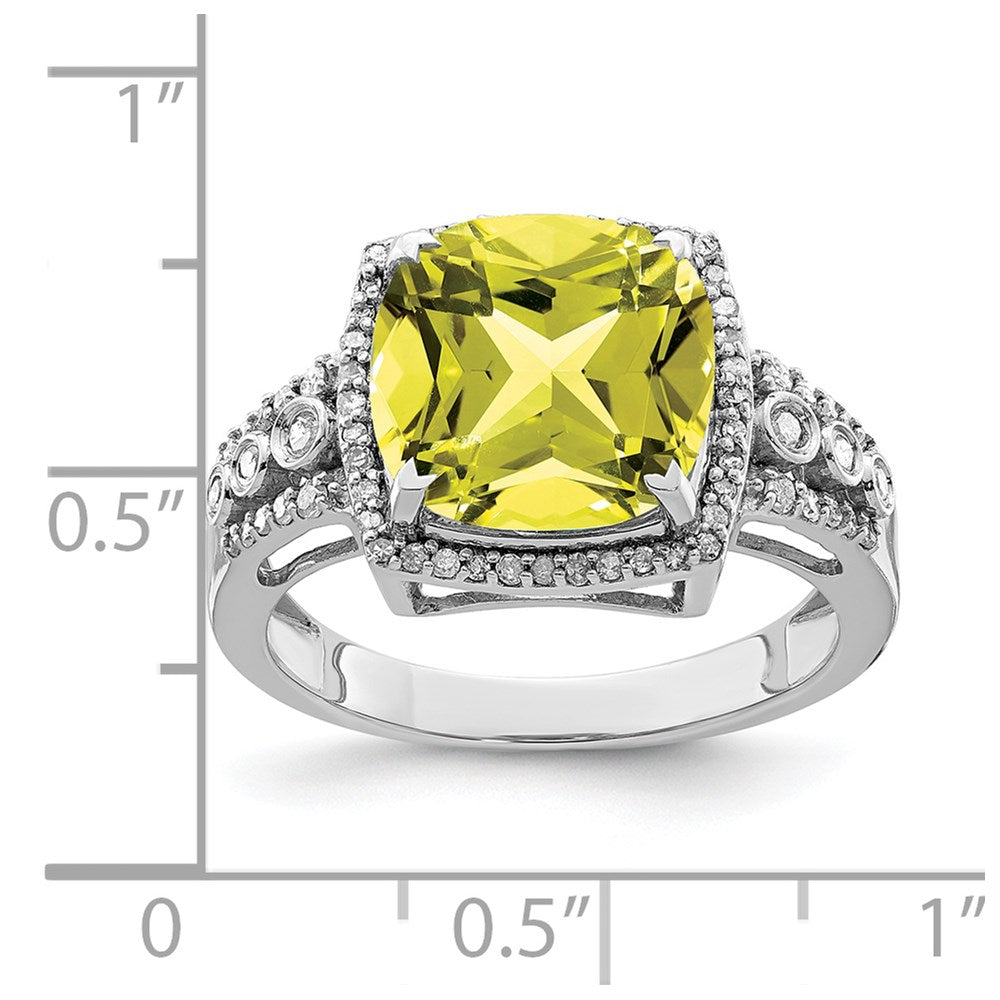 Sterling Silver Rhodium Diamond & Checker Cut Lemon Quartz Ring (Size 7 Only)