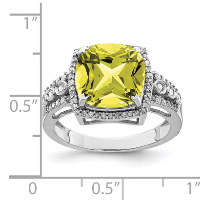 Sterling Silver Rhodium Diamond & Checker Cut Lemon Quartz Ring (Size 7 Only)