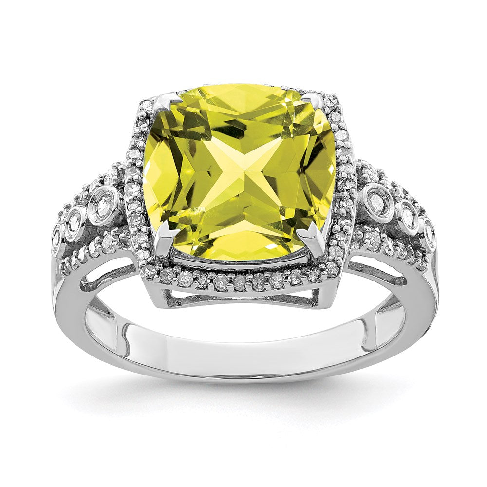 Sterling Silver Rhodium Diamond & Checker Cut Lemon Quartz Ring (Size 7 Only)