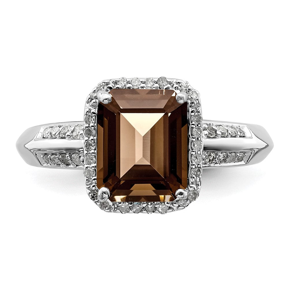 Sterling Silver Rhodium Diamond & Smoky Quartz Ring