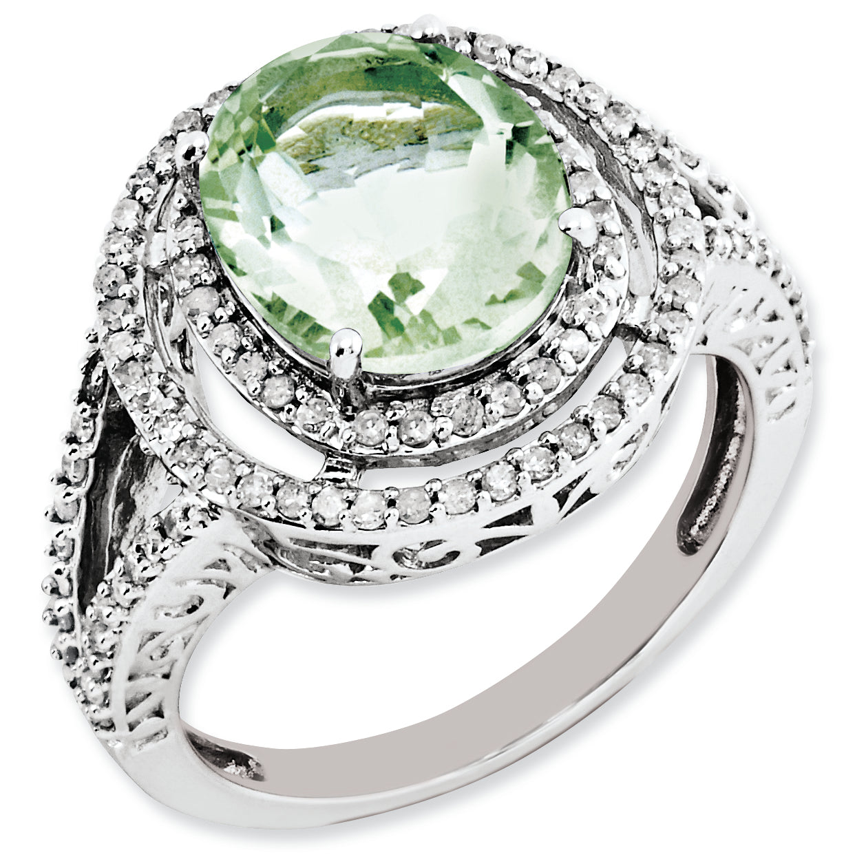 Sterling Silver Rhodium Plated Oval Diamond & Green Quartz Ring (Size 7 Only)