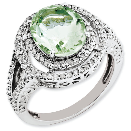 Sterling Silver Rhodium Plated Oval Diamond & Green Quartz Ring (Size 7 Only)
