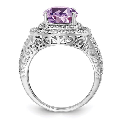 Sterling Silver Rhodium Oval Diamond & Pink Quartz Ring (Size 7 Only)