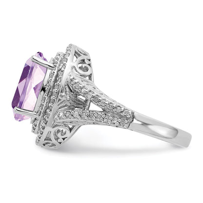 Sterling Silver Rhodium Oval Diamond & Pink Quartz Ring (Size 7 Only)