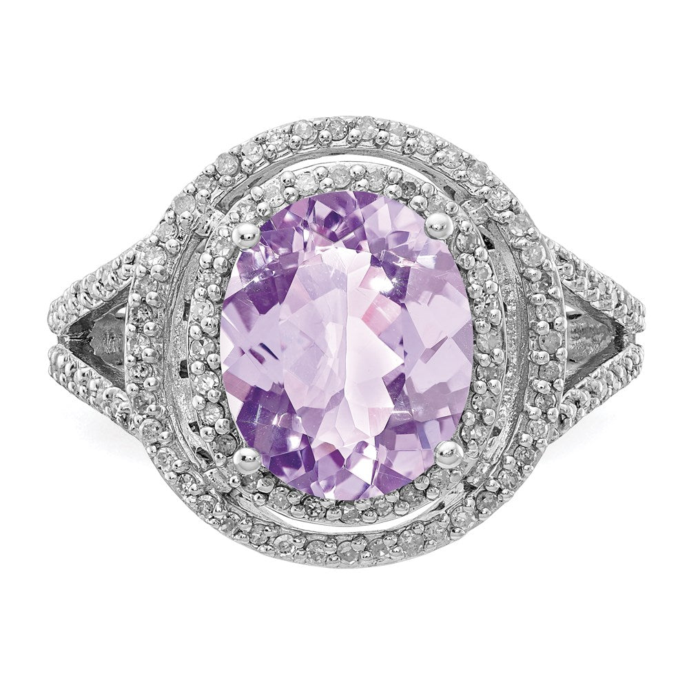 Sterling Silver Rhodium Oval Diamond & Pink Quartz Ring (Size 7 Only)
