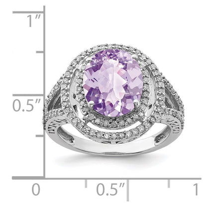 Sterling Silver Rhodium Oval Diamond & Pink Quartz Ring (Size 7 Only)