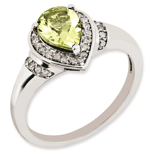 Sterling Silver Rhodium Plated Diamond & Lemon Quartz Ring