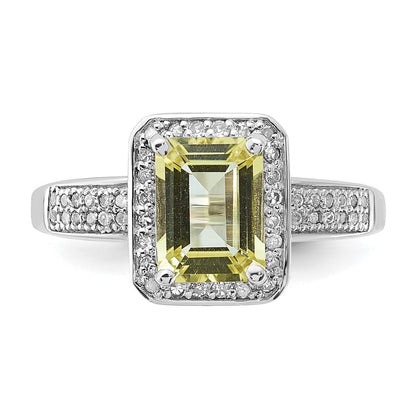 Sterling Silver Rhodium Plated Diamond & Lemon Quartz Ring
