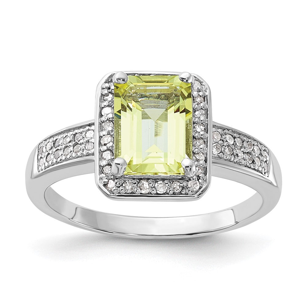 Sterling Silver Rhodium Plated Diamond & Lemon Quartz Ring