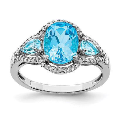 Sterling Silver Rhodium Oval Blue Topaz & Diamond Ring (Size 7 Only)