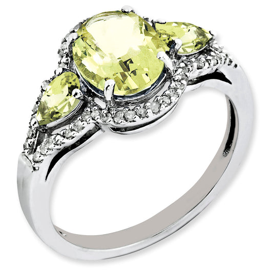 Sterling Silver Rhodium Plated Oval Diamond & Lemon Quartz Ring (Size 7 Only)