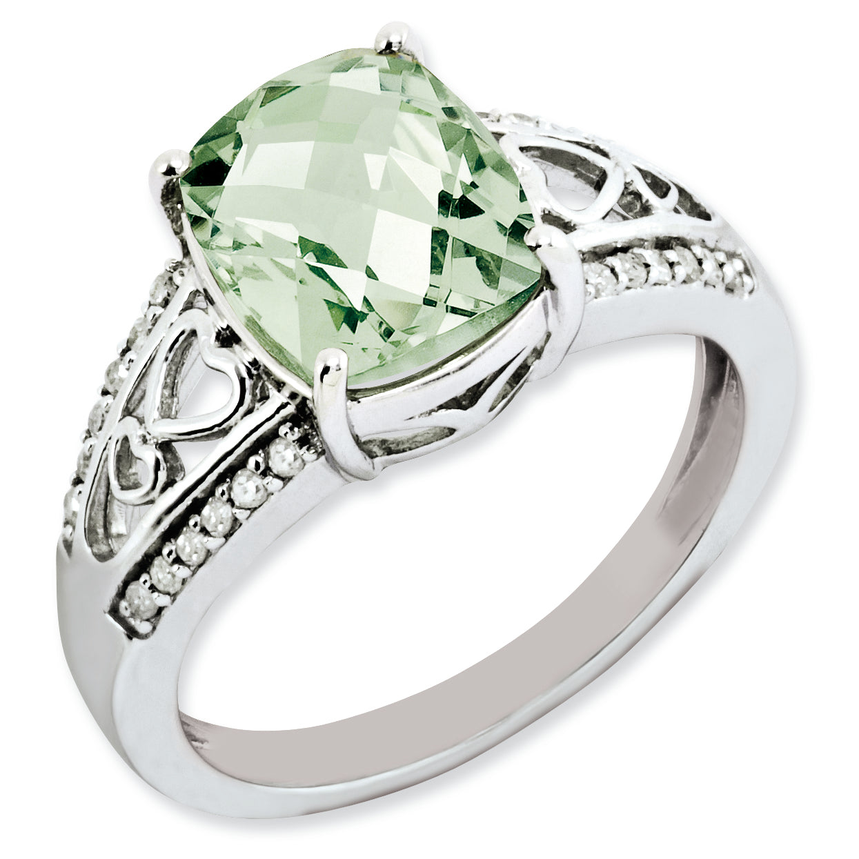 Sterling Silver Rhodium Plated Diamond & Green Quartz Ring (Size 7 Only)