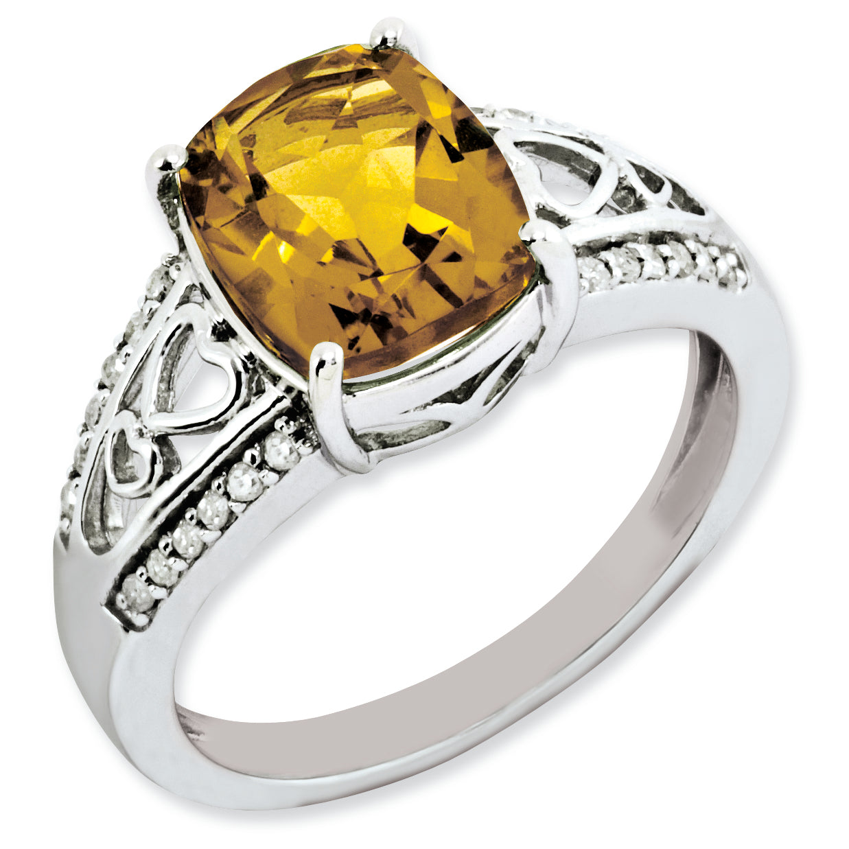 Sterling Silver Rhodium Plated Diamond & Whiskey Quartz Ring (Size 7 Only)