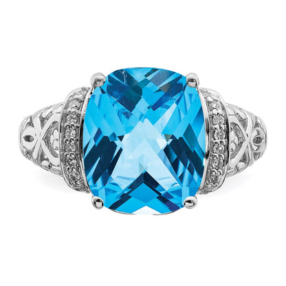 Sterling Silver Rhodium Checker Cut Blue Topaz & Diamond Ring (Size 7 Only)