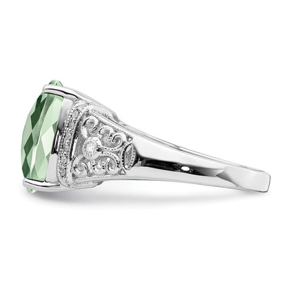 Sterling Silver Rhodium Diamond & Checker Cut Green Quartz Ring