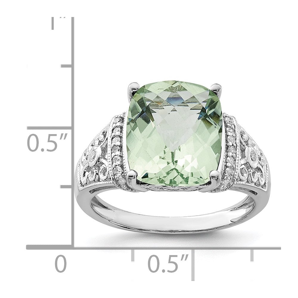 Sterling Silver Rhodium Diamond & Checker Cut Green Quartz Ring