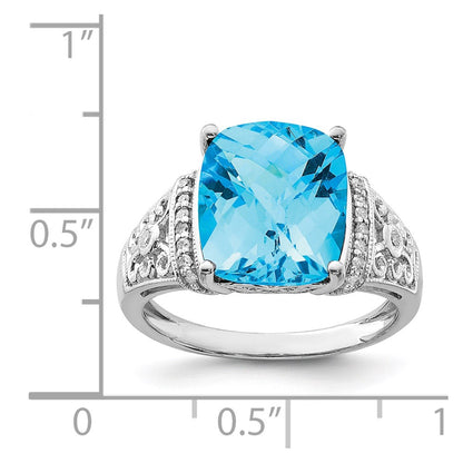 Sterling Silver Rhodium Checker Cut Blue Topaz & Diamond Ring