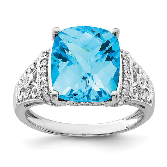 Sterling Silver Rhodium Checker Cut Blue Topaz & Diamond Ring