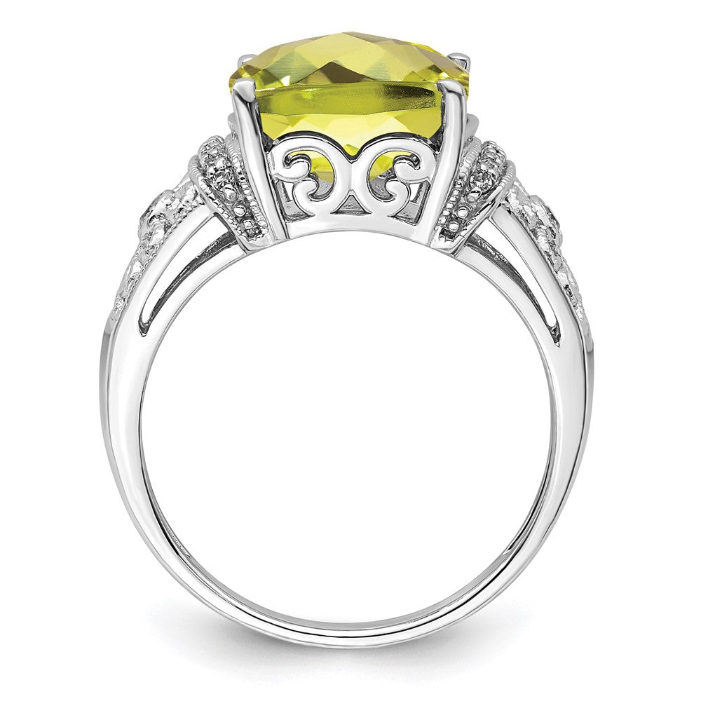 Sterling Silver Rhodium Diamond & Checker Cut Lemon Quartz Ring