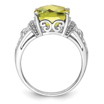 Sterling Silver Rhodium Diamond & Checker Cut Lemon Quartz Ring