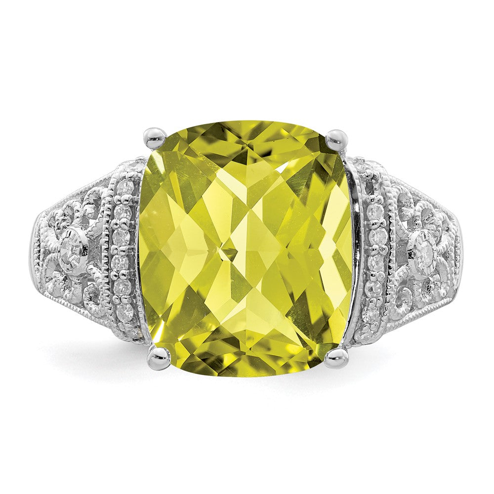 Sterling Silver Rhodium Diamond & Checker Cut Lemon Quartz Ring