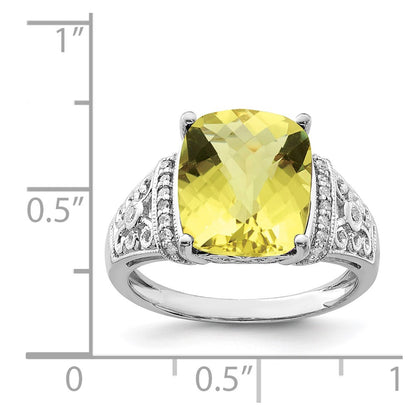 Sterling Silver Rhodium Diamond & Checker Cut Lemon Quartz Ring