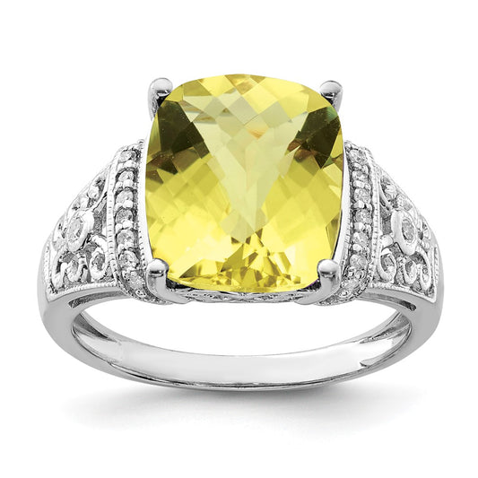 Sterling Silver Rhodium Diamond & Checker Cut Lemon Quartz Ring