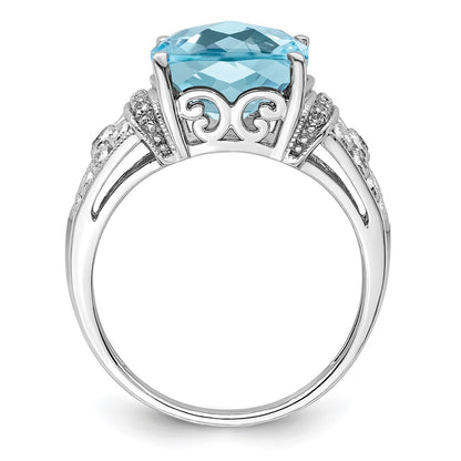 Sterling Silver Rhodium Diamond & Checker Cut Sky Blue Topaz Ring