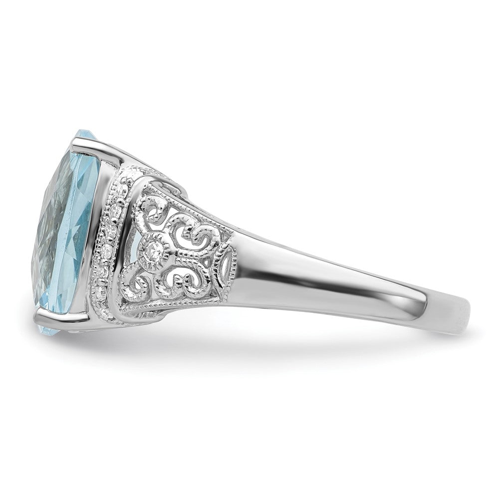Sterling Silver Rhodium Diamond & Checker Cut Sky Blue Topaz Ring