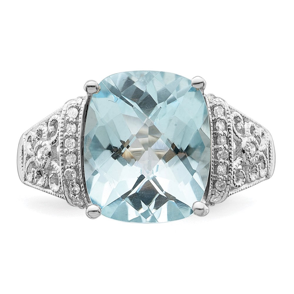 Sterling Silver Rhodium Diamond & Checker Cut Sky Blue Topaz Ring