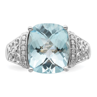 Sterling Silver Rhodium Diamond & Checker Cut Sky Blue Topaz Ring