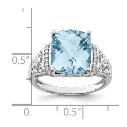 Sterling Silver Rhodium Diamond & Checker Cut Sky Blue Topaz Ring