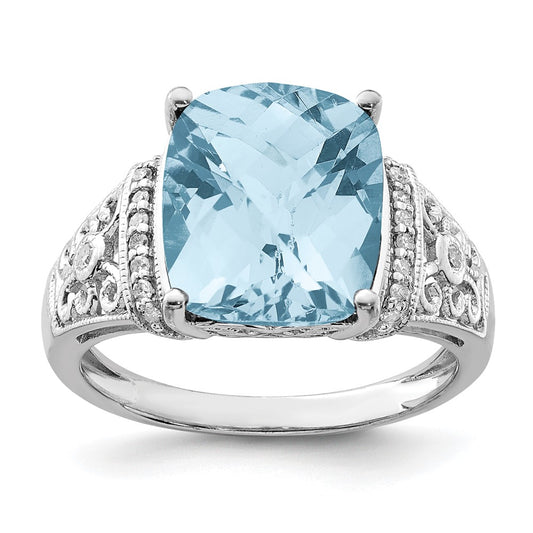 Sterling Silver Rhodium Diamond & Checker Cut Sky Blue Topaz Ring
