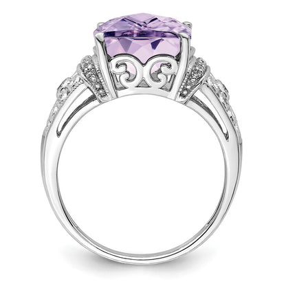 Sterling Silver Rhodium Diamond & Checker Cut Pink Quartz Ring