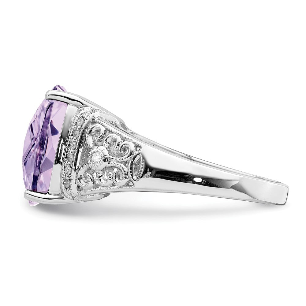 Sterling Silver Rhodium Diamond & Checker Cut Pink Quartz Ring