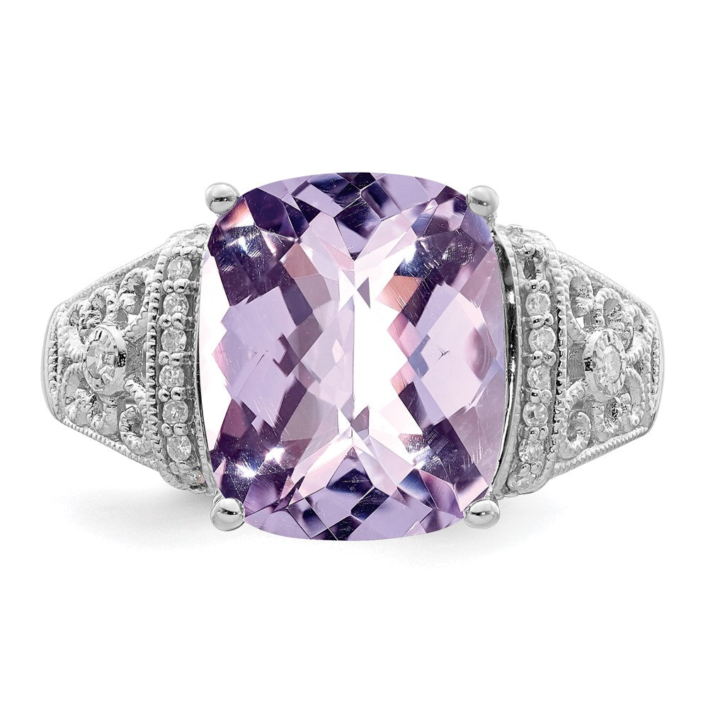 Sterling Silver Rhodium Diamond & Checker Cut Pink Quartz Ring