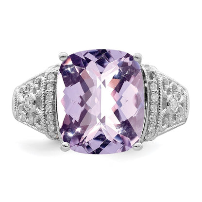 Sterling Silver Rhodium Diamond & Checker Cut Pink Quartz Ring
