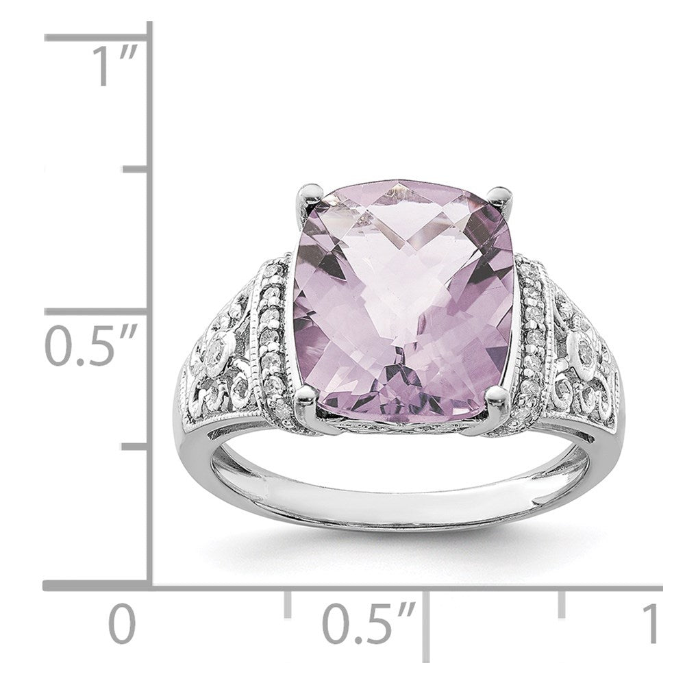 Sterling Silver Rhodium Diamond & Checker Cut Pink Quartz Ring